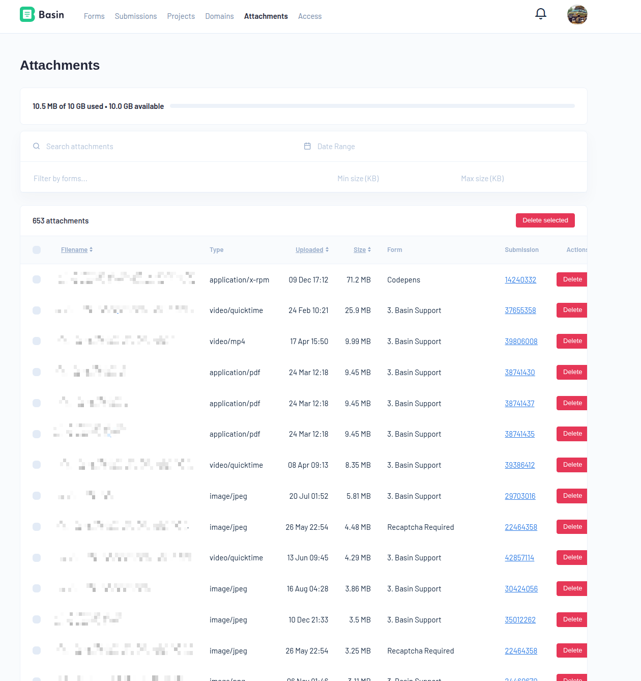 Attachments view in the Basin dashboard