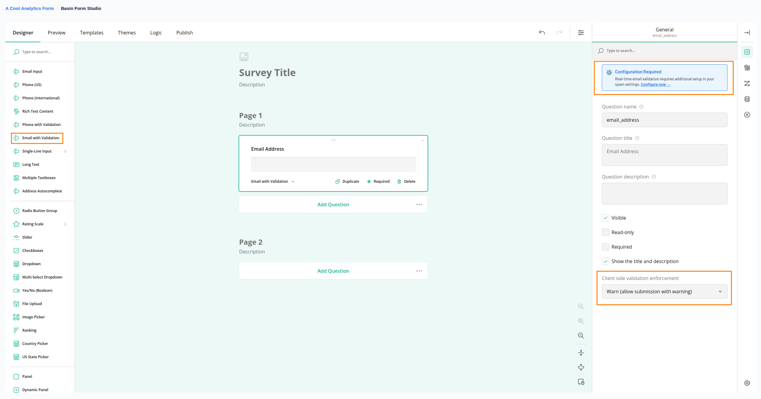 Image showing the Email with Validation widget and its settings in Form Studio