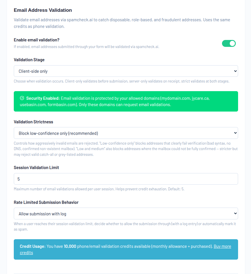 Image showing the email validation settings panel