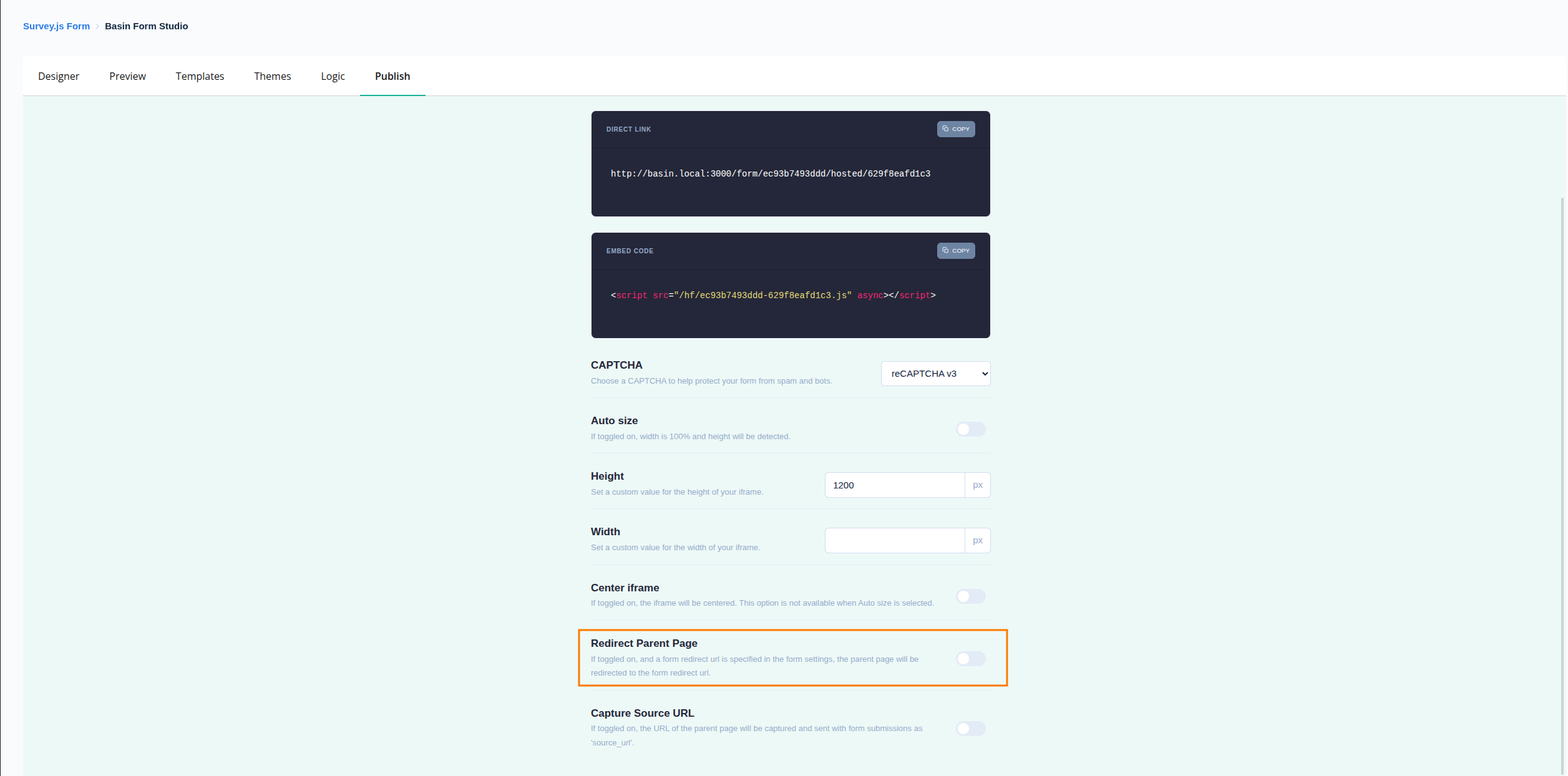 Screenshot showing how to redirect the parent page when embedding the Basin iframe form