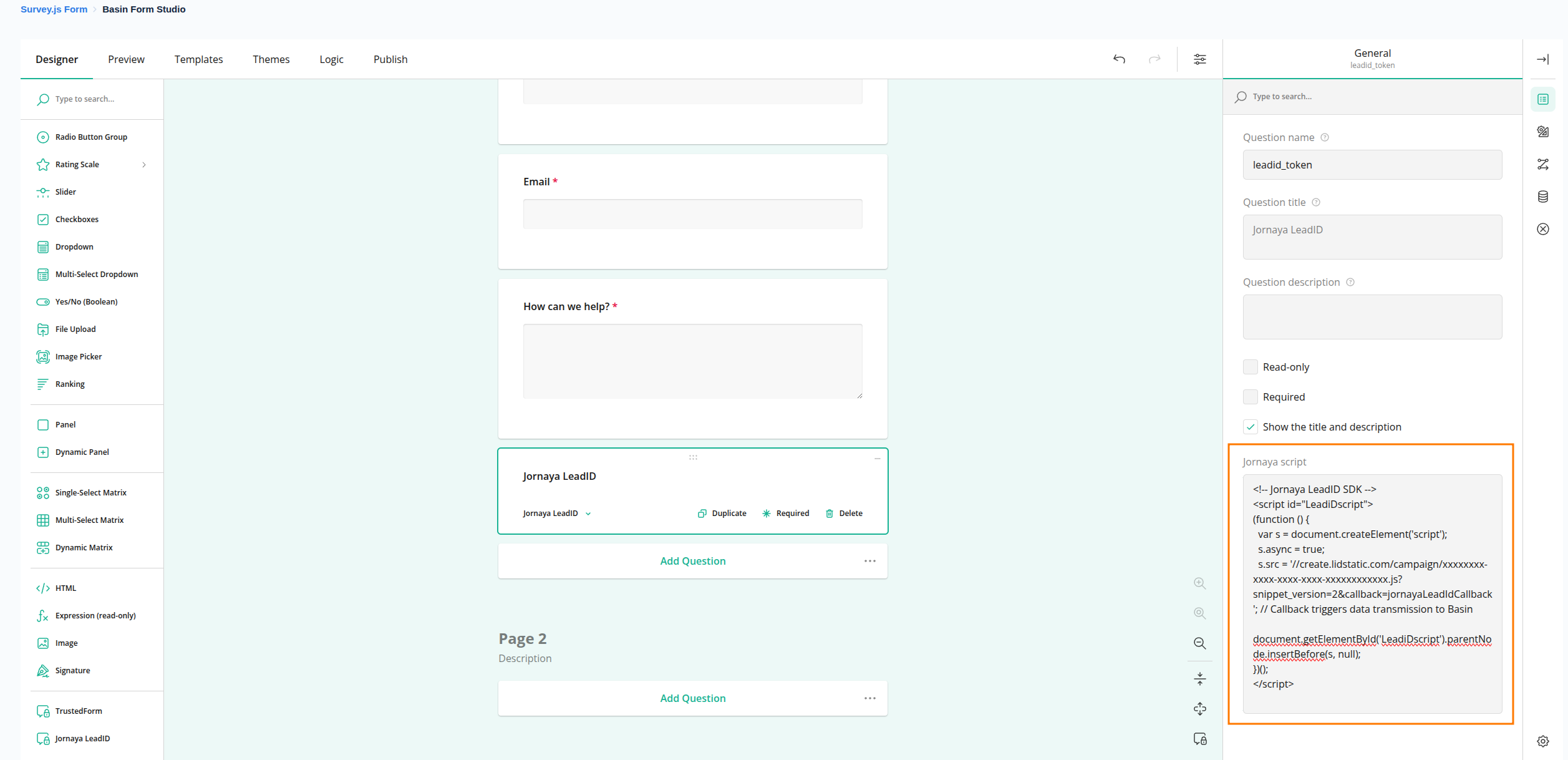 Screenshot of Jornaya widget settings showing where to paste the campaign script