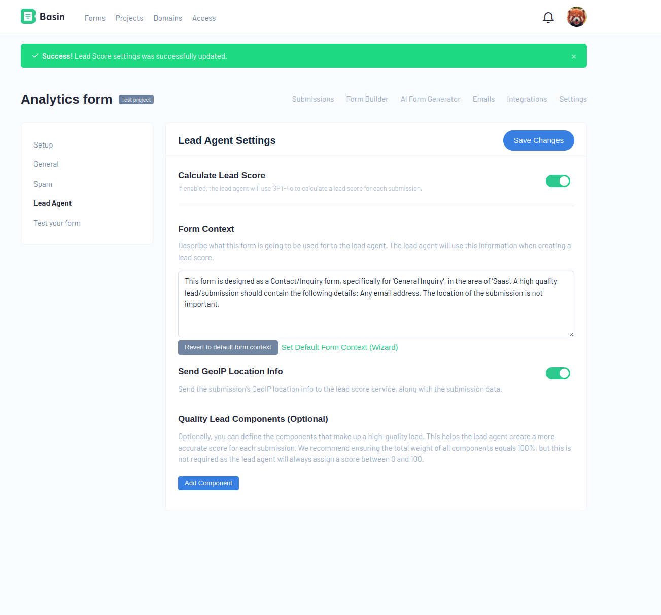 Image showing how to configure Basin Lead Agent