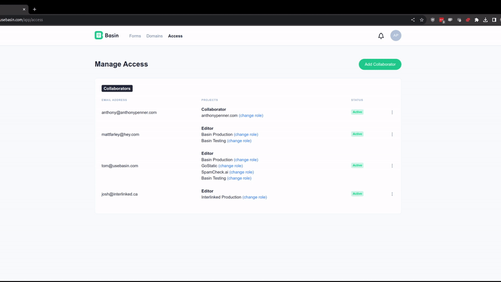 GIF showing you where to manage access in your Basin account