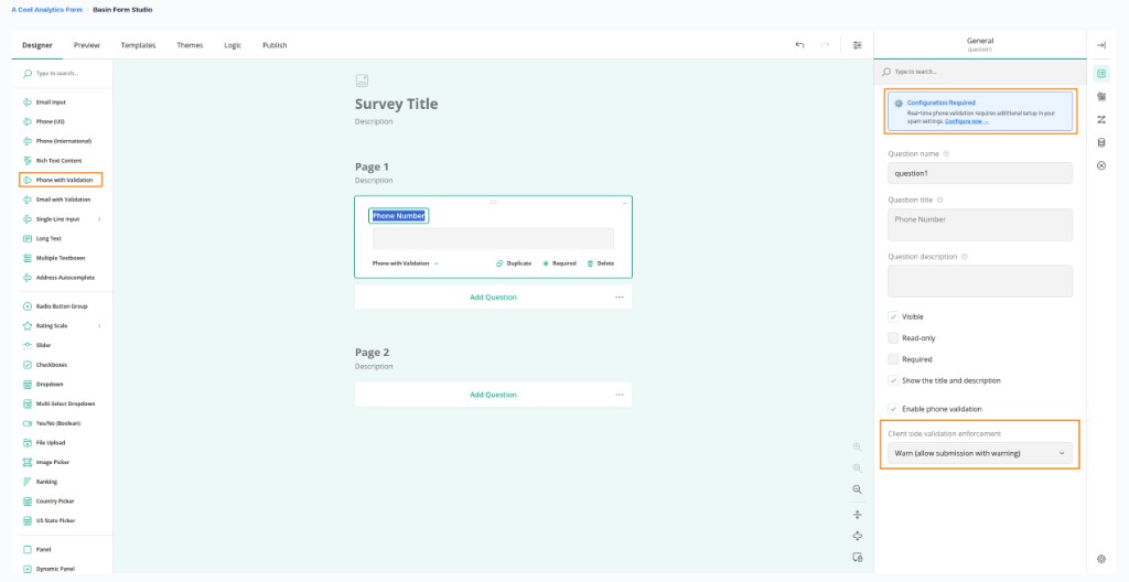 Image showing the Phone with Validation widget and its settings in Form Studio
