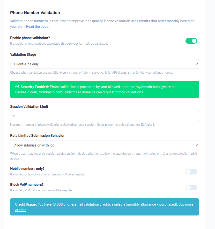 Image showing the phone validation settings panel