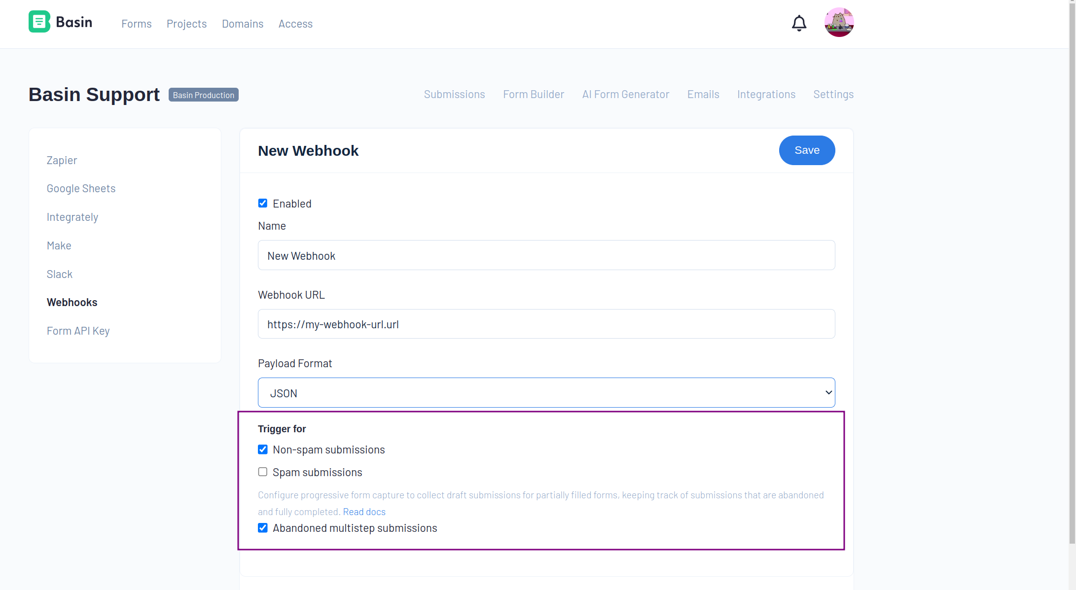 Image showing how to configure Basin webhooks with progressive form capture