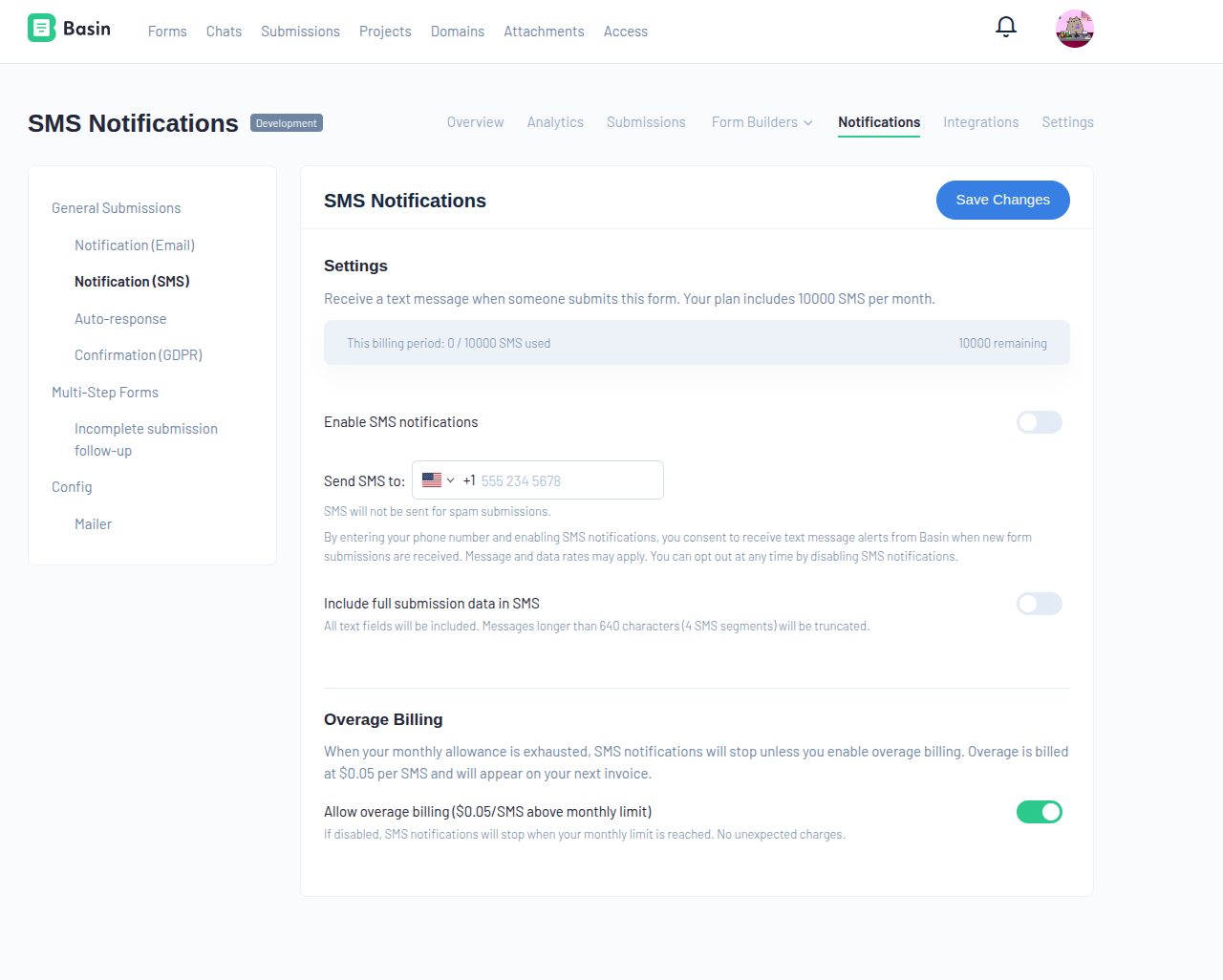 Screenshot of the SMS Notifications settings page showing the enable toggle, phone number field, and full submission data option