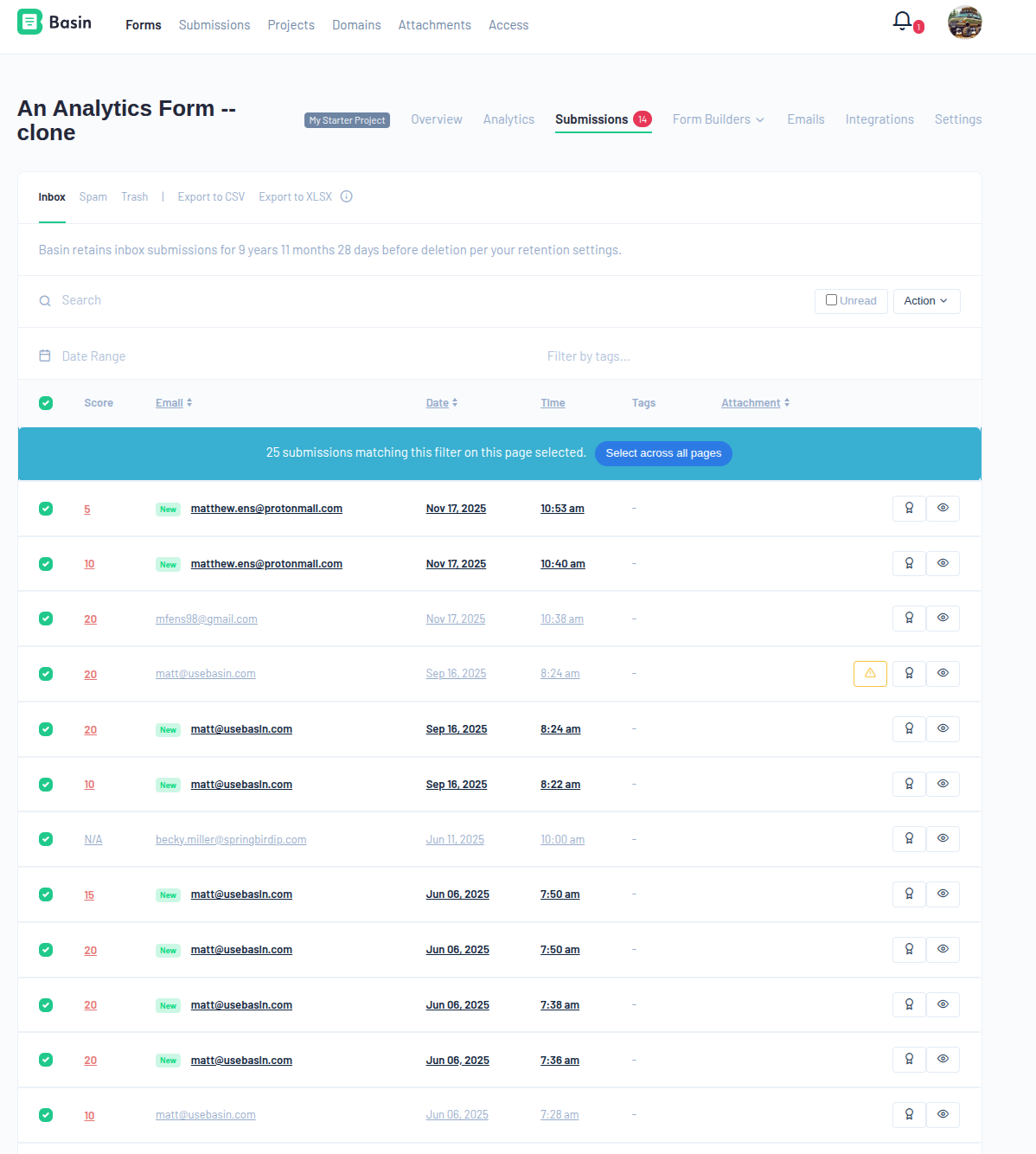 Exporting submissions from the Basin submissions inbox