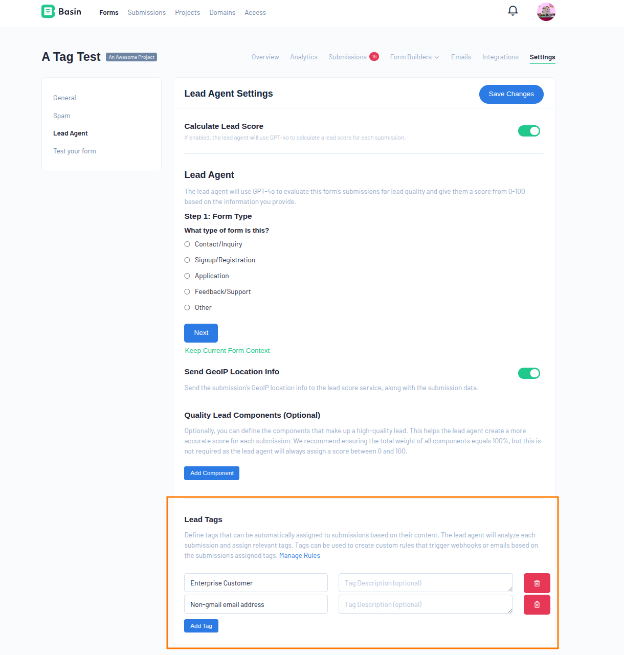 Screenshot showing how to configure submission tags in Lead Agent settings