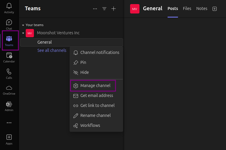 Manage Channel menu in Teams