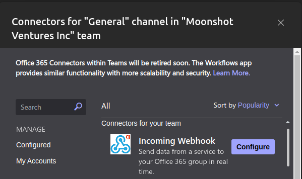 Add Incoming Webhook menu in Teams